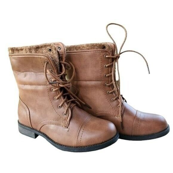 Forever‎ Womens Casual  Warm Lace Up Booties Faux Leather Cognac Size 6.5 - Picture 3 of 16